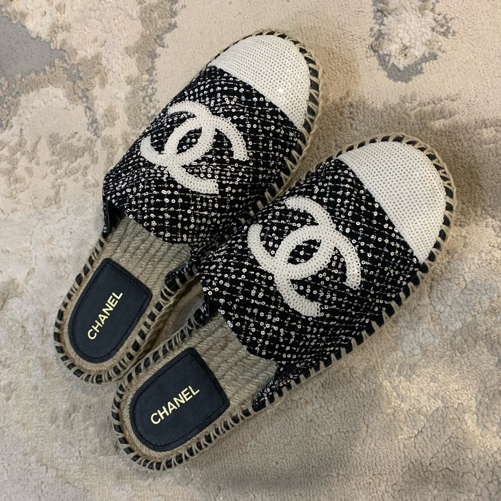 CHANEL Navy and White Espadrilles
